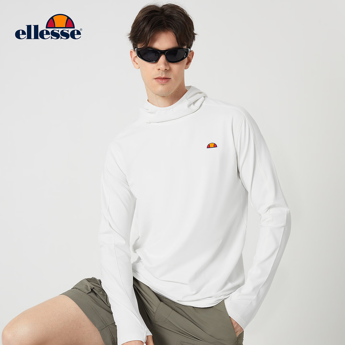 ellesse小贝壳速干连帽长袖T恤男冬新款户外运动训练服上衣 白色 M