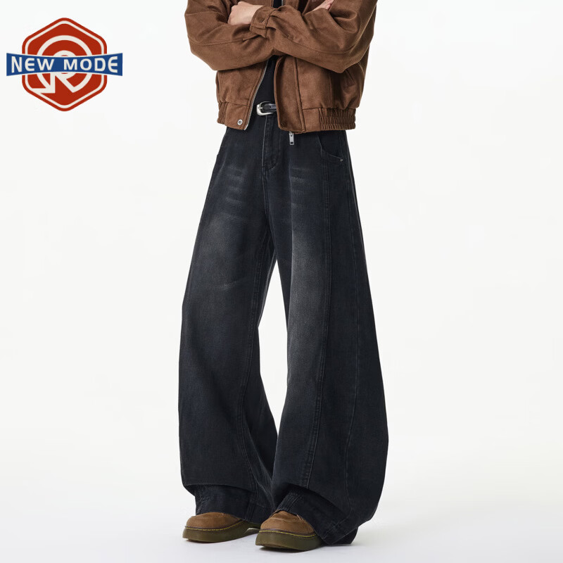 NEW OR MODE美式高街水洗阔腿牛仔裤男春秋潮牌复古宽松直筒百搭弯刀拖地裤子 黑色【高品质】 M 【建议90-110斤】