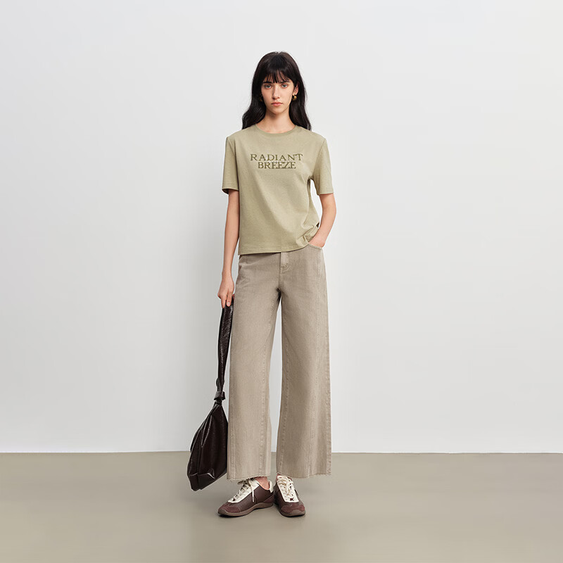 自巧小个子字母印花针织T恤&直筒九分牛仔裤套装女2026年春季新品 卡其色牛仔裤 M （尺码：4）