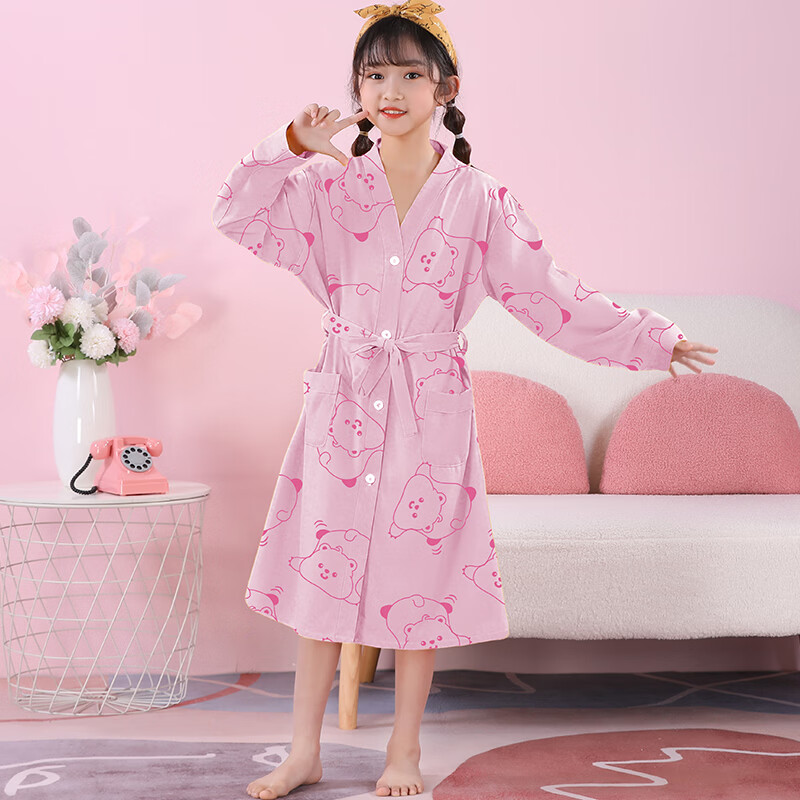 萧淑妃儿童纯棉浴袍睡衣女春秋季ins卡通库洛米青年大童女孩睡袍家居服 草莓熊 均码 大童18码 140-150CM/68-80斤