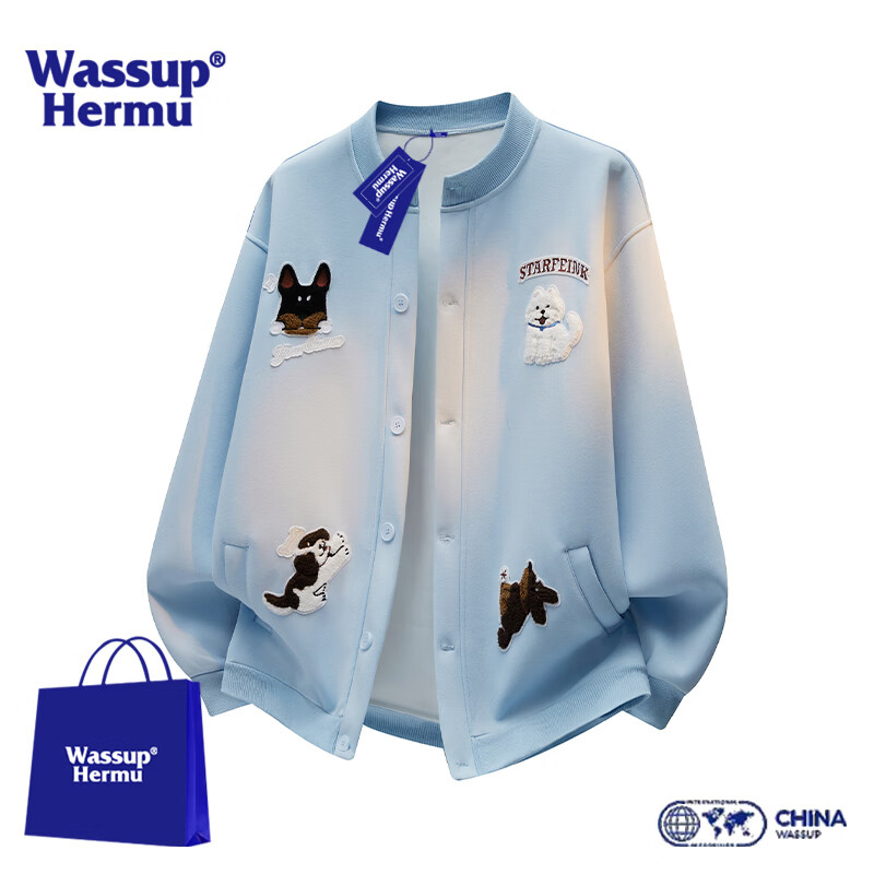 WASSUP HERMU官方开衫卫衣男春秋季美式趣味刺绣款宽松棒球服学生穿搭夹克外套 天蓝色 M （推荐90-105斤）