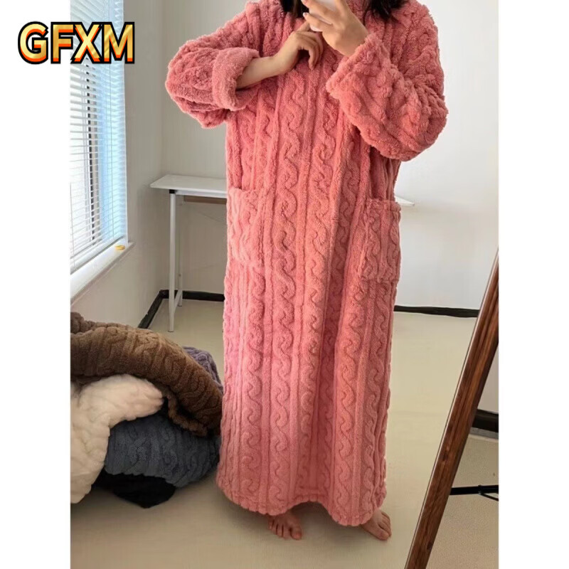 KNFN睡衣女冬季珊瑚绒睡裙女秋冬保暖中长可爱加厚学生韩版 粉红色-麻花长袖款（睡裙浴裙两用） 均码 小码【80到140斤】