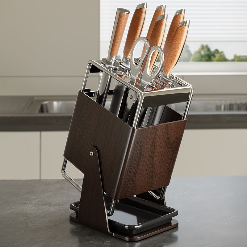 厨房刀架置物架台面沥水收纳架旋转不锈钢多功能一体刀具收纳jy 可旋转刀架-枪灰色