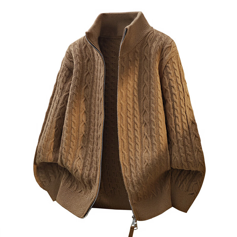 【高档品质】双头拉链开衫针织毛衣外套男装提花老钱风时尚男款YW 焦糖色 3XL 【建议150-165斤】