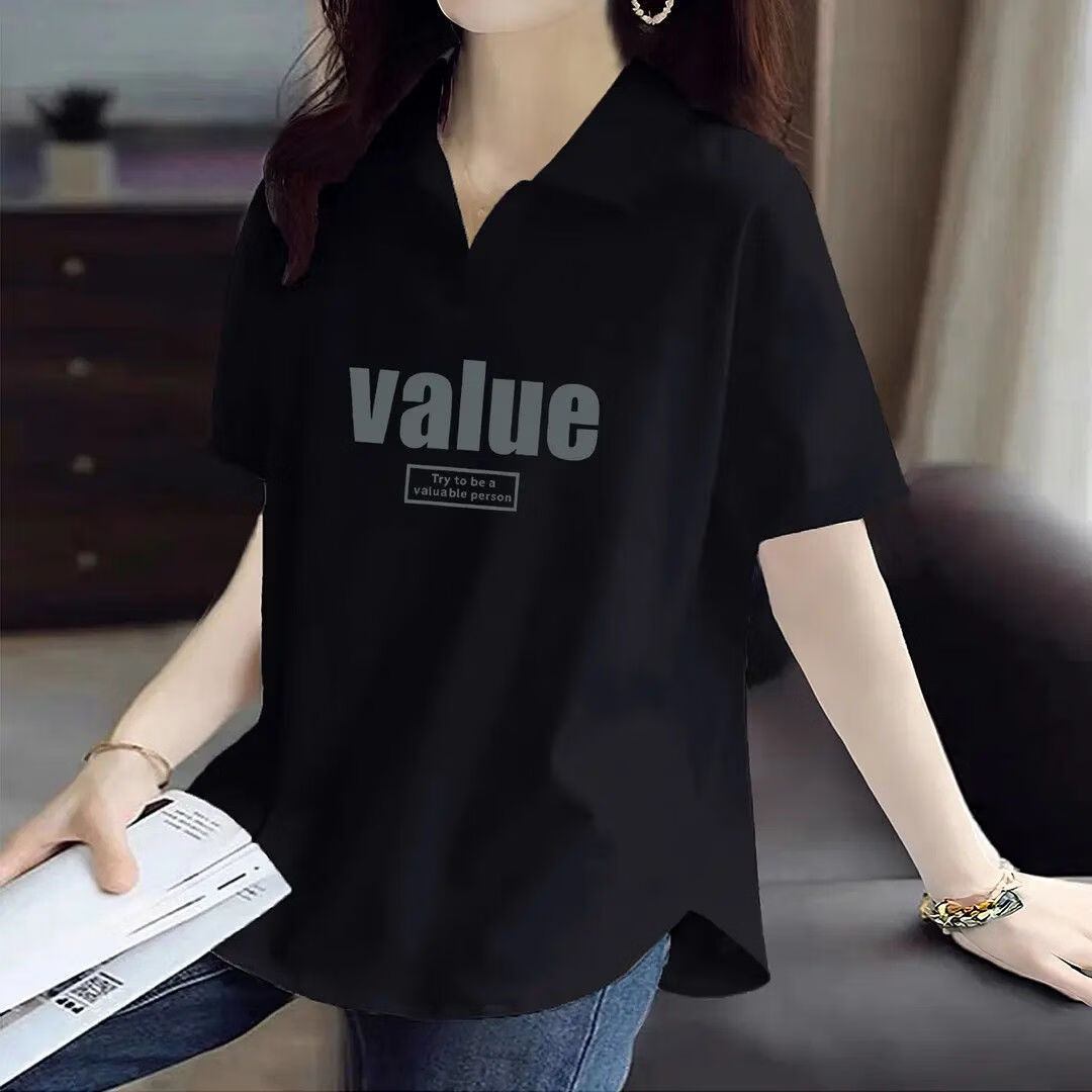 【专柜品质】新款短袖t恤女夏季翻领大码减龄休闲时尚宽松显瘦JL 黑色 2XL 建议130-145斤