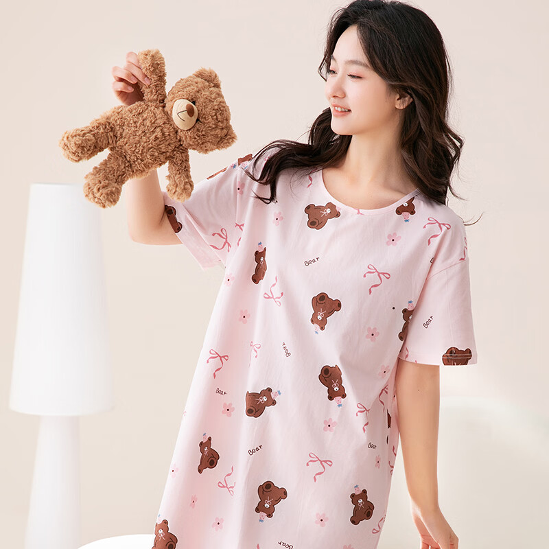 芬腾睡裙女【100%纯棉】新疆棉家居服女士睡衣睡裙女短袖裙26夏新款 浅粉 L