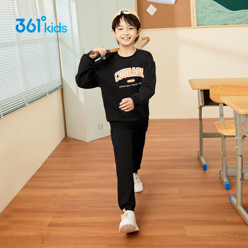 361°童装男童长袖针织套装儿童百搭秋季新款女童圆领运动套装 经典黑/经典黑 175 cm