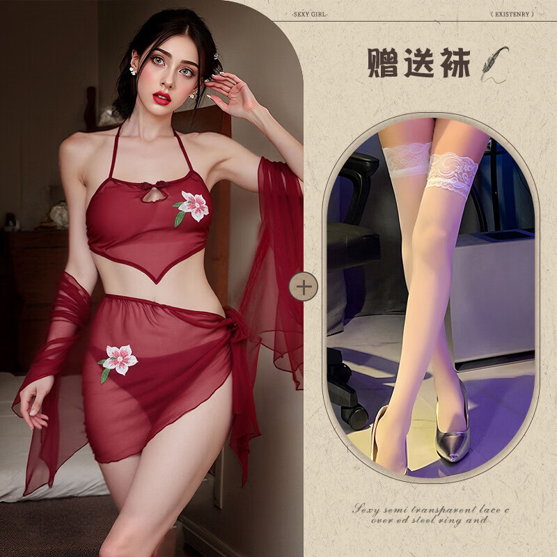 性感睡衣古风异域舞姬刺绣深V夫妻情趣激情战袍火辣视觉诱惑睡袍 红色 均码