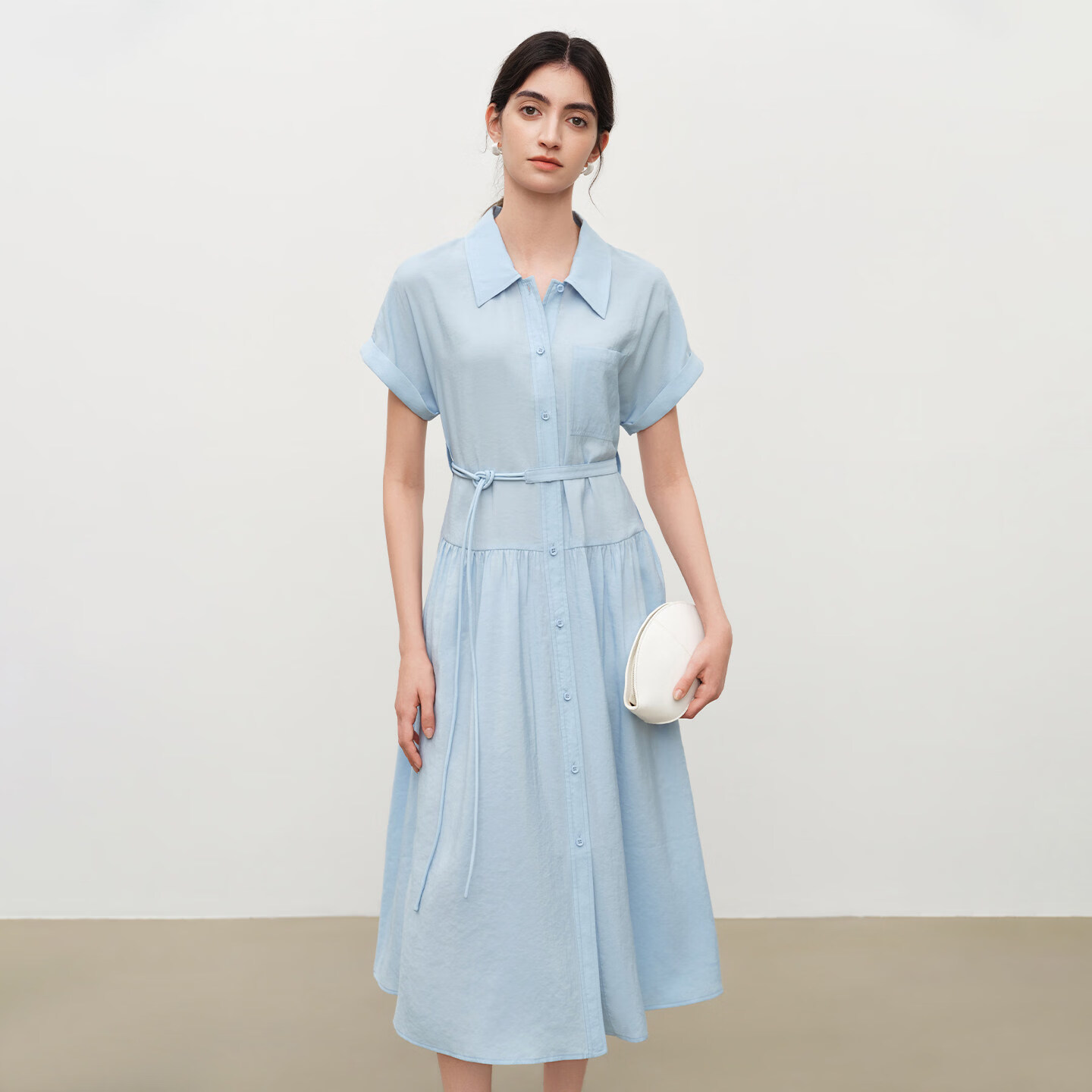 自巧小个子法式连肩袖莫代尔翻领衬衫裙系带连衣裙2026夏季新品女 baby蓝 XXS （尺码：1）