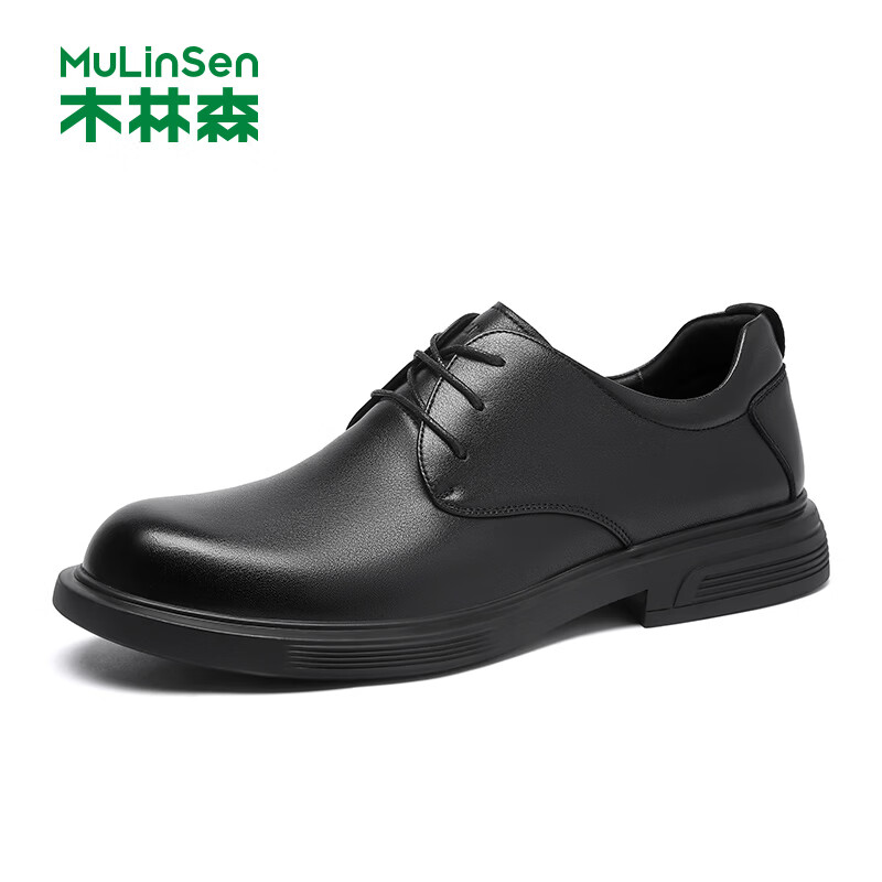 木林森品牌专卖头层牛皮休闲皮鞋男鞋真皮系带软底夏季透气黑色男士皮鞋 黑色 38