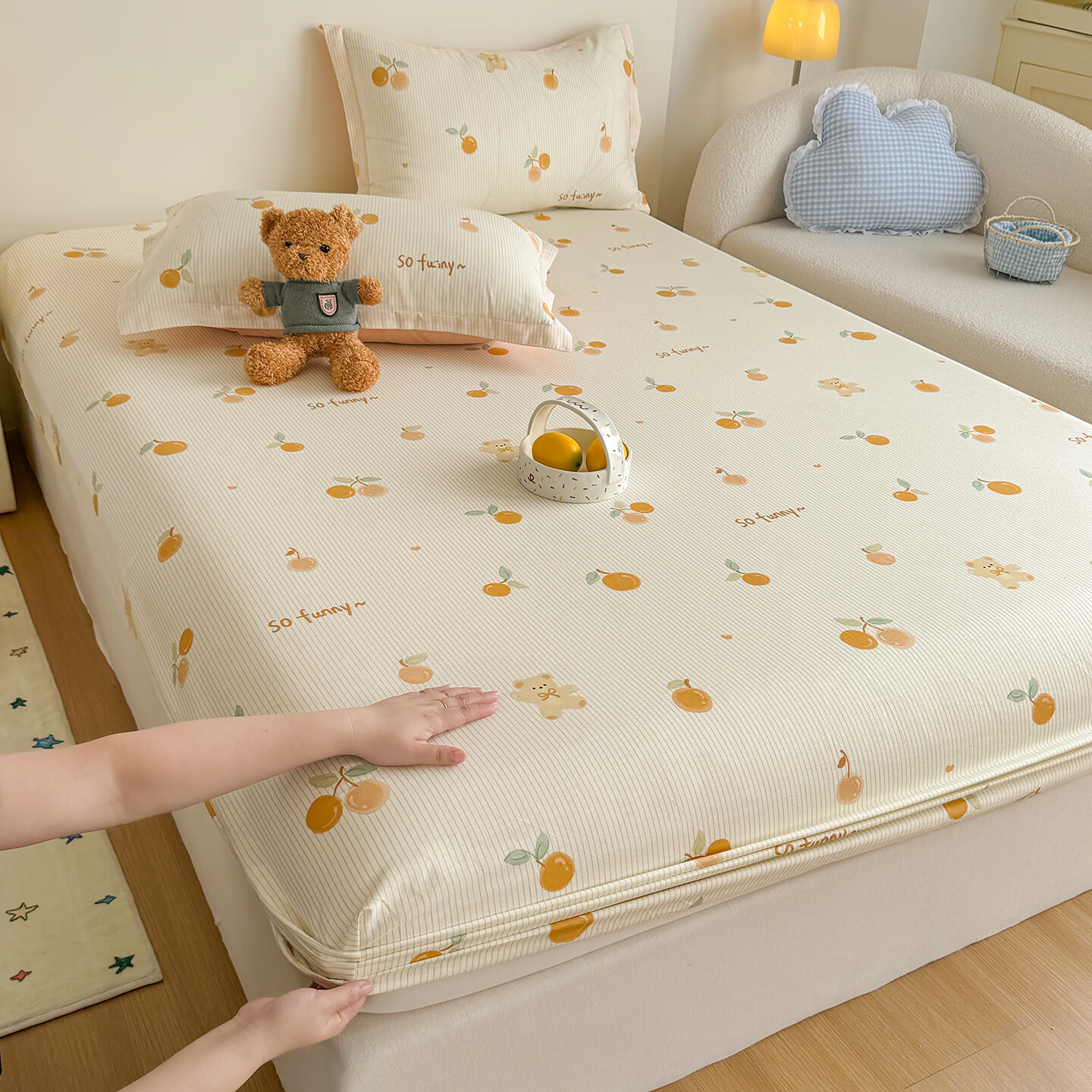 苏萱清新碎花纯棉床笠单件100全棉宿舍防滑床罩席梦思床垫保护罩床套3 欢乐碰碰熊 200x220cm床笠+枕套一对