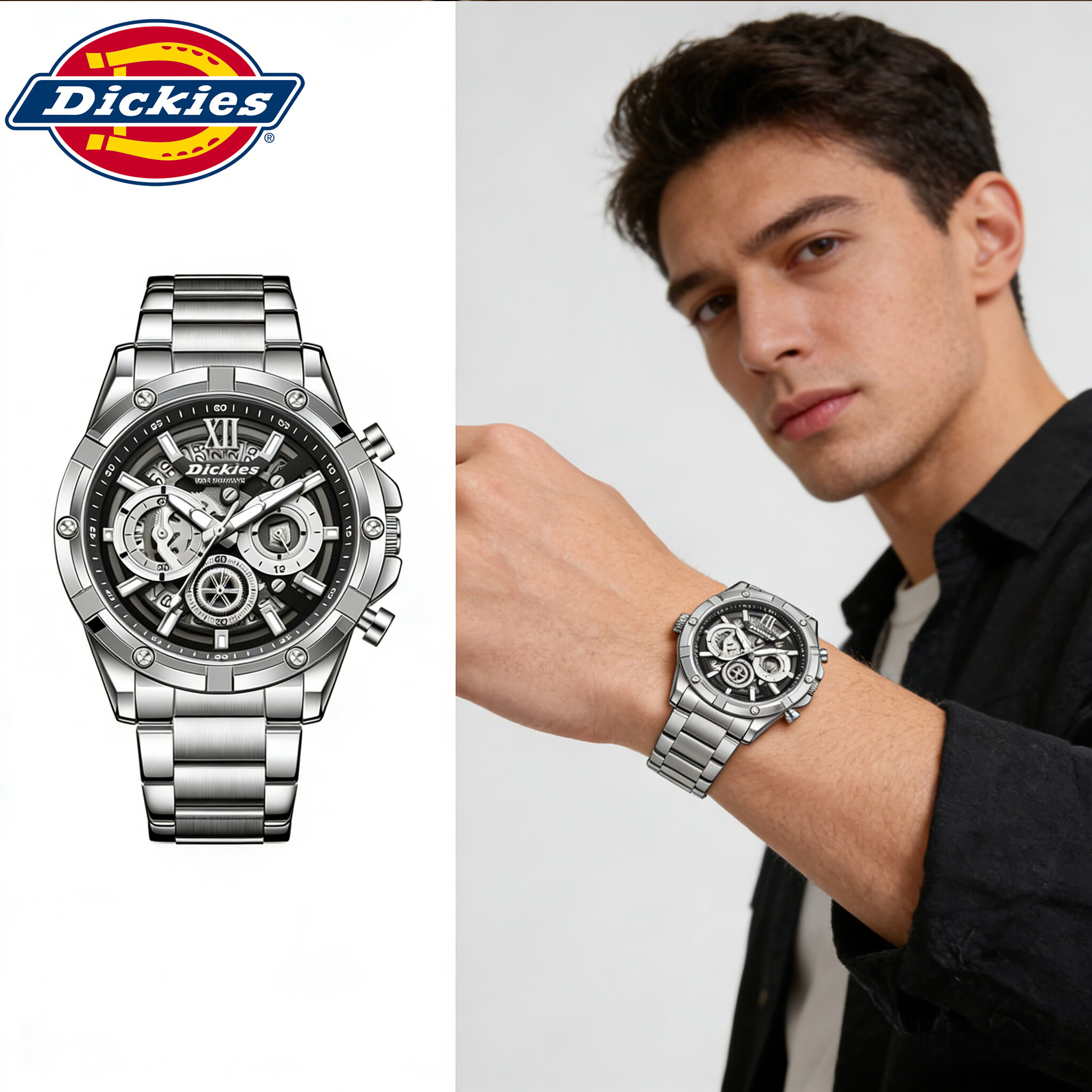 Dickies手表男士商务石英表学生三眼多功能高中时尚潮流男生机械风腕表 黑表盘
