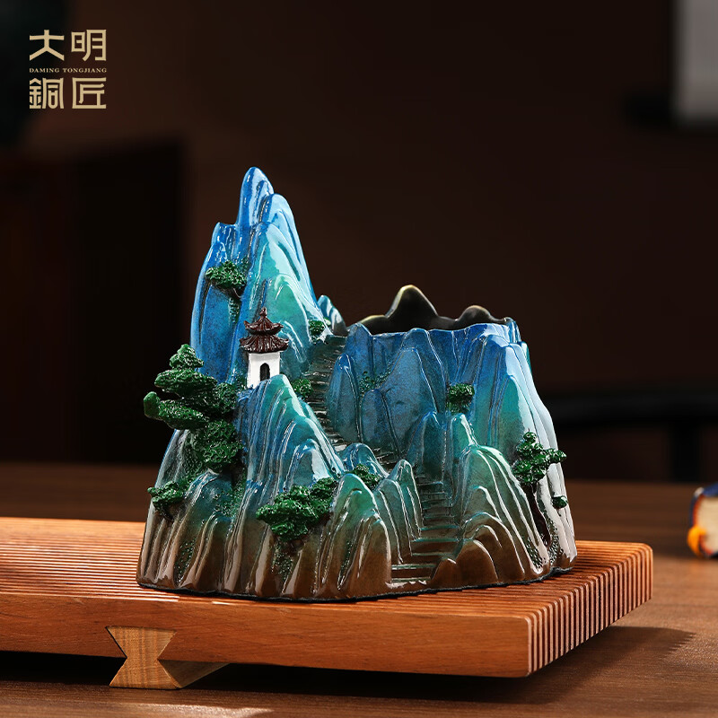 大明铜匠千里江山黄铜笔筒摆件工艺品书房办公桌创意装饰送老师学生礼物 定制款定制费