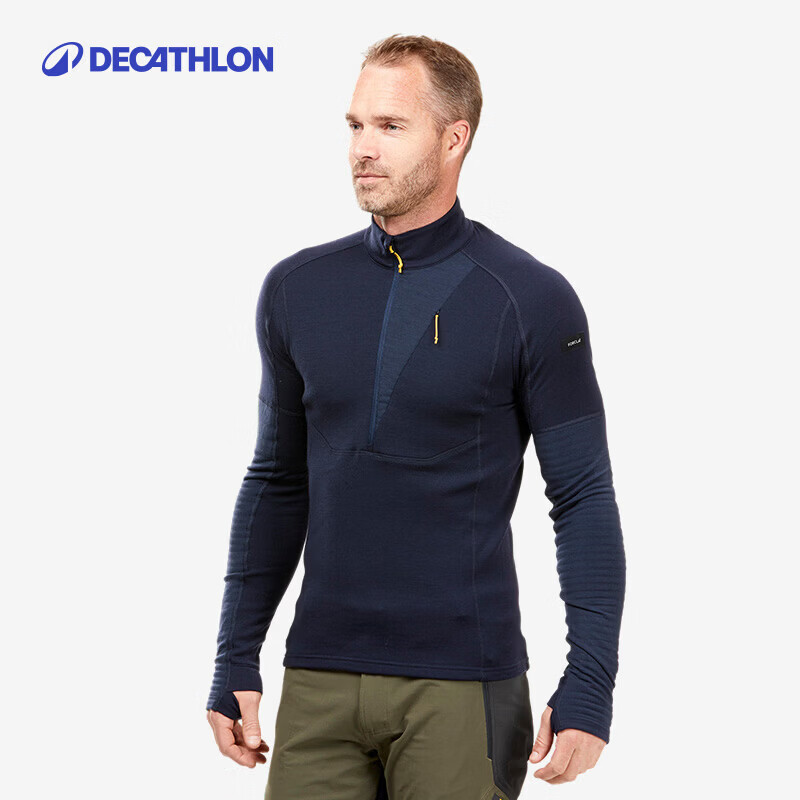 迪卡侬（DECATHLON）户外美利奴羊毛速干衣T恤男运动徒步登山长袖上衣保暖内衣保暖衣 半拉链深蓝色 （89%）绵羊毛 L