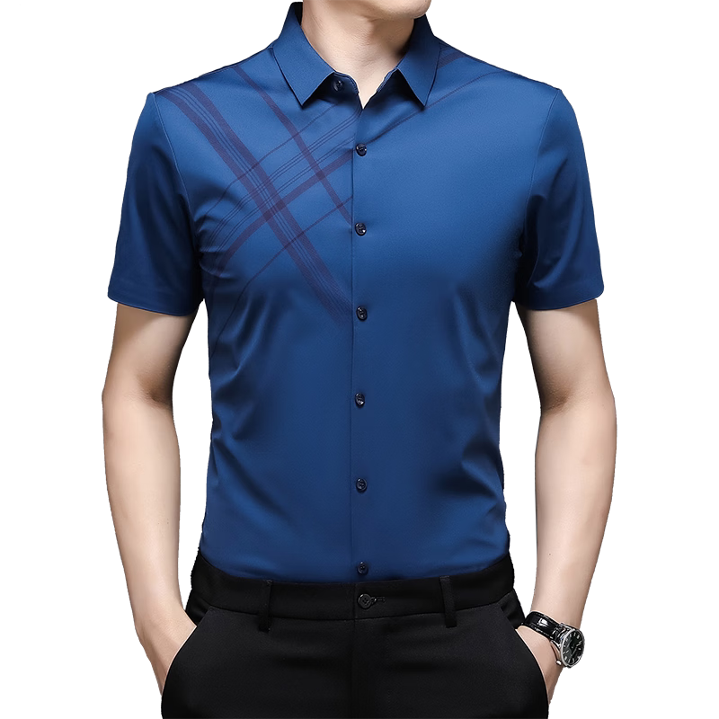 阿玛尼（ARMANI）商务男装短袖衬衫高端桑蚕丝休闲凉感衬衣 9996深蓝-桑蚕丝 3XL 190【建议180-210斤】