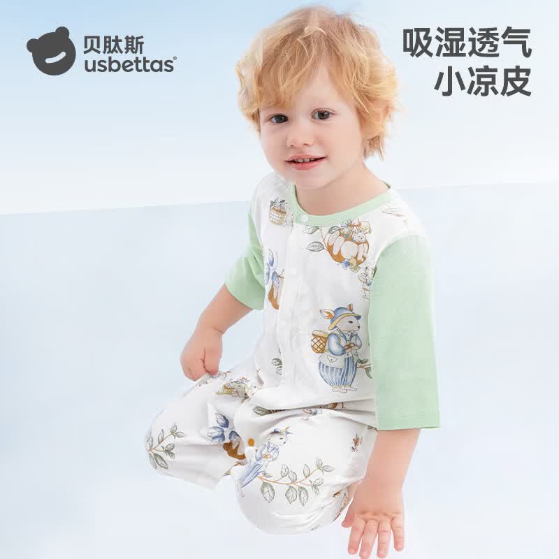 贝肽斯婴儿衣服夏季透气薄款网眼宝宝连体衣七分袖纯棉a类空调服