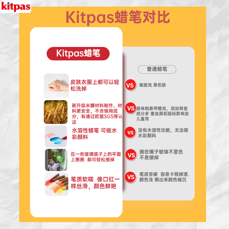 kitpas日本可派色米糠蜡笔安全无毒日本文具大赏第1名儿童幼儿园专用 小号纸包米糠蜡笔6色