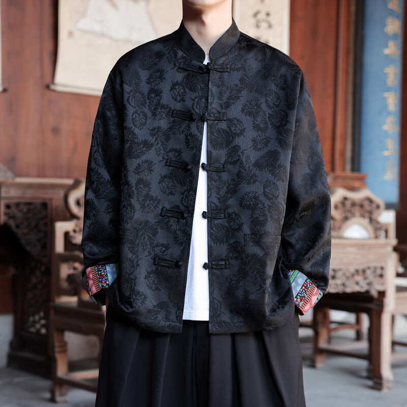 肆缄中国风禅意茶服衬衫男长袖新中式潮牌唐装复古提花设计感汉服外套 黑色 M