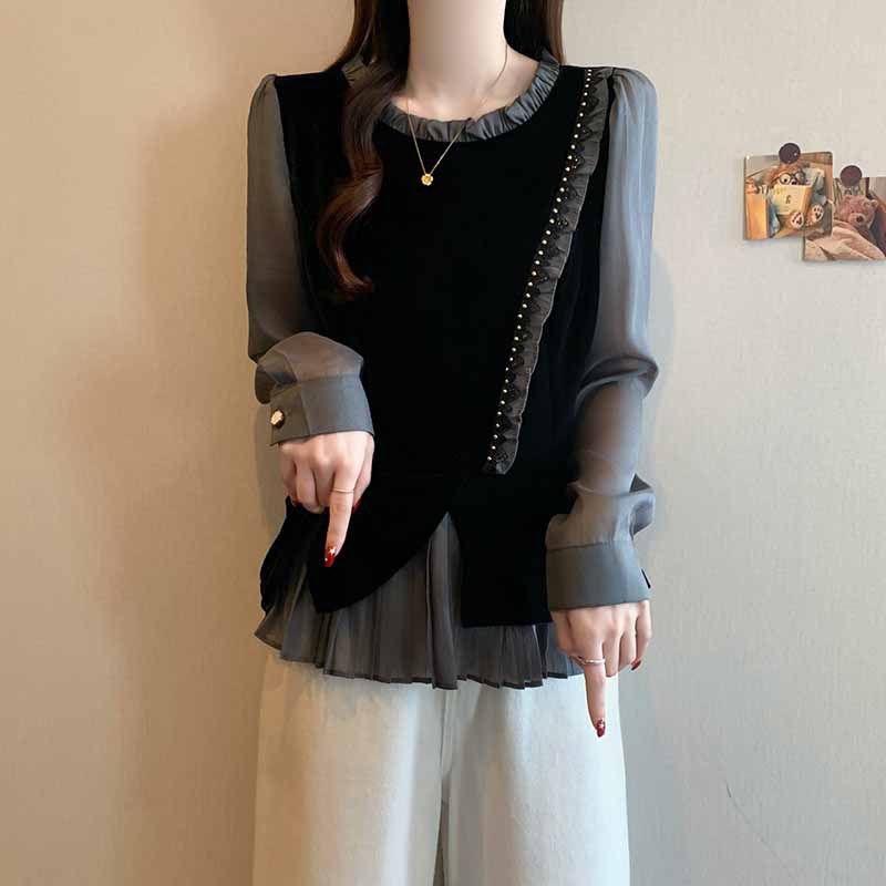 春秋新款气质假两件长袖衬衫女木耳边拼接显瘦高级通勤衬衫 图片色【优质版】 L 建议105-120