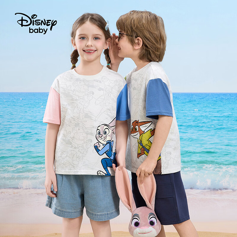 迪士尼（Disney）童装男女童纯棉短袖t恤2026夏新款疯狂动物城印花宽松上衣打底衫 粉蓝 120 高115-125cm重40-50斤