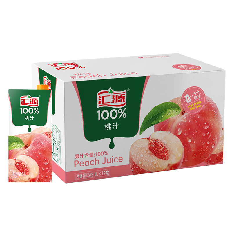 汇源100%桃汁整箱果汁健康饮料1L*12盒果蔬汁节日送礼宴请