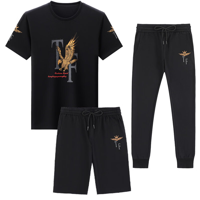 阿玛尼（ARMANI）正品名牌男士休闲运动服套装男夏季桑蚕丝短袖t恤潮男装三件套 国际一线品牌19362黑色短袖+长裤 M 165_【建议90-120斤】