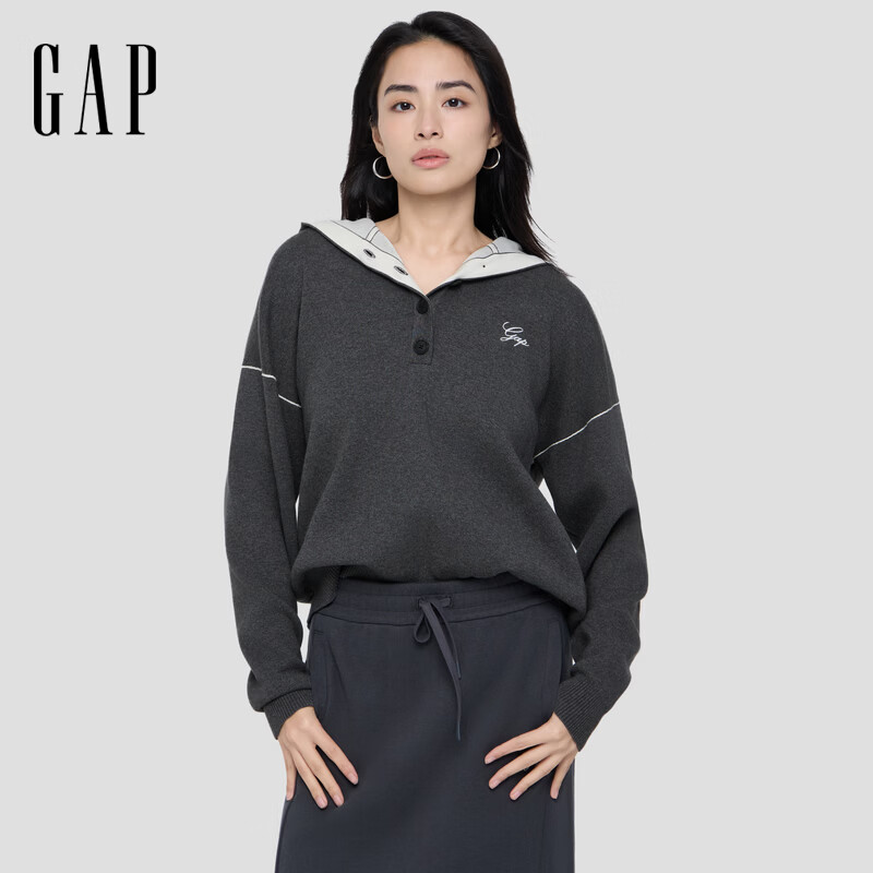GAP女装春款logo纽扣半开襟宽松连帽针织衫上衣793653 深灰色 S (160/84A)亚洲尺码