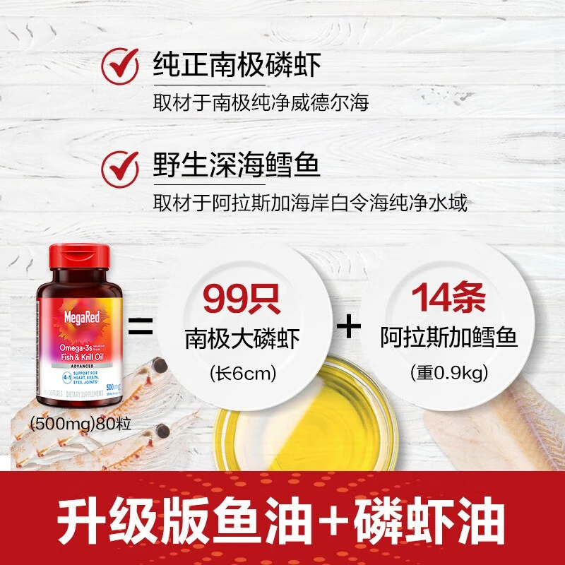 MegaRed脉拓南极磷虾油500mg DHA补脑 EPA高纯度omega-3 鱼油升级 四合一磷虾油 80粒*2瓶