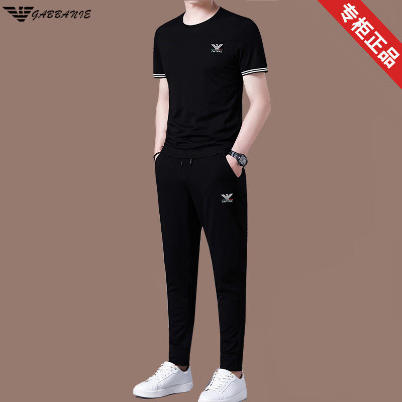阿玛尼（ARMANI）正品名牌男装休闲运动套装男夏季短袖桑蚕丝高端男装一套搭配潮流 一线品牌黑色 L 170_