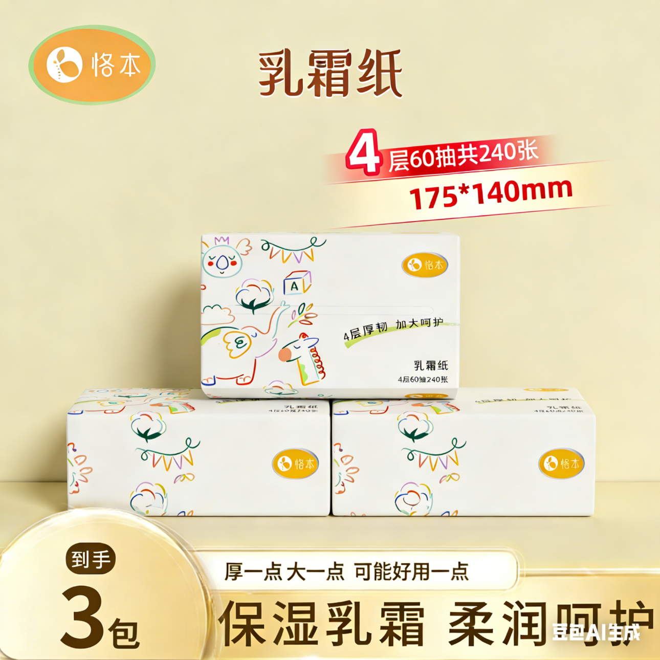 恪本（keben）乳霜纸 婴儿柔纸巾云柔巾保湿加大加厚175*140mm 4层 60抽*3包