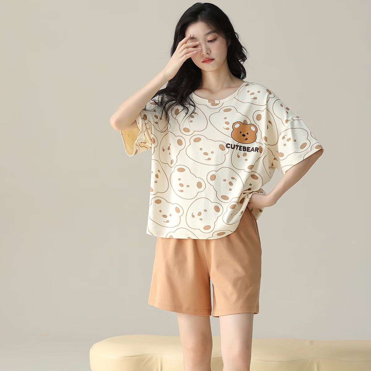 洁丽雅母亲节睡衣女夏短袖短裤柔软舒适春夏季可爱卡通少女生家居服套装 可爱小熊【100%棉】 M 【建议80-100斤】
