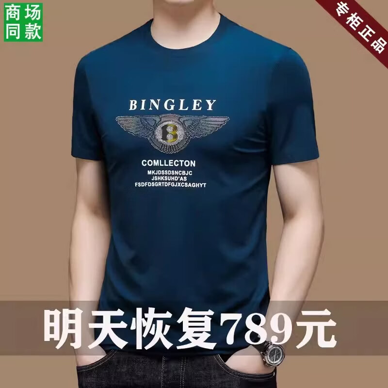 阿玛尼（ARMANI）意大利正品桑蚕丝短袖t恤男夏季新款圆领冰 丝薄款上衣男装大牌 国际一线品牌A-1019蓝色 3XL 185__建议170-185斤