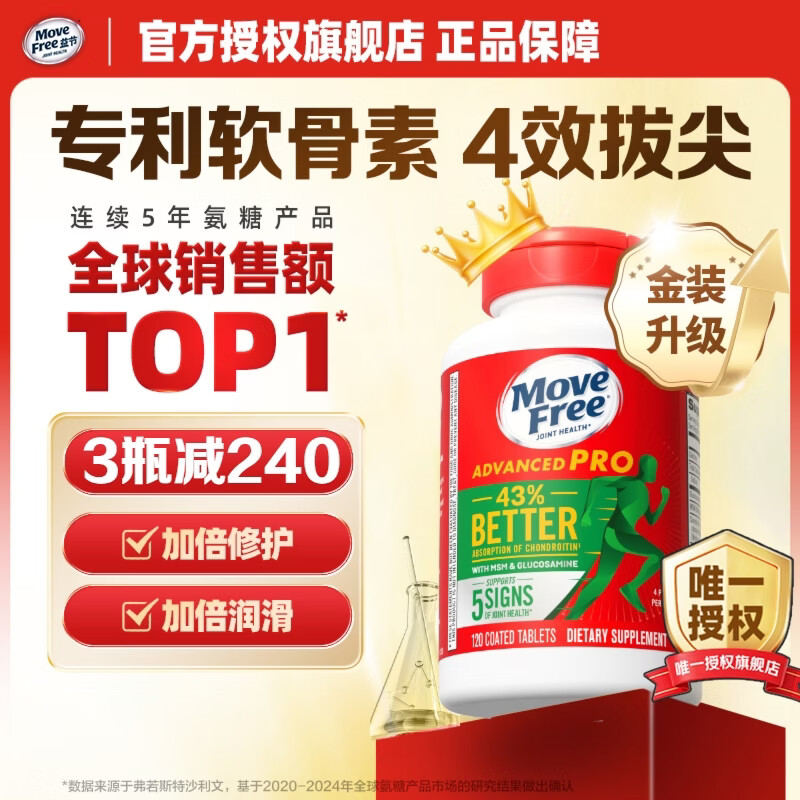 益节（Move Free）金装氨糖软骨素绿瓶升级版120 维骨力 美国原装进口 中老年营养品 【加倍舒缓】升级金装氨糖 120粒*1瓶