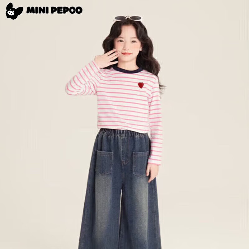 小猪班纳（PEPCO）女童条纹上衣春季2025新款韩版修身撞色条纹爱心圆领长袖T恤 灰蓝条纹 160 *建议身高150-160cm