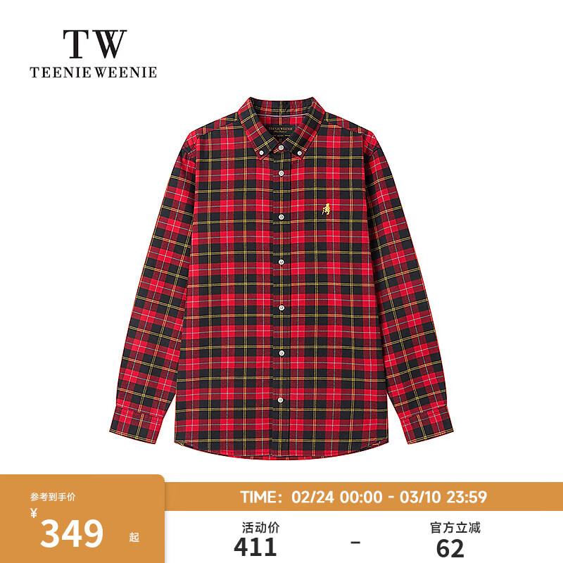 Teenie Weenie小熊男装复古简约休闲通勤百搭纯棉格纹长袖衬衫 红色 2XL