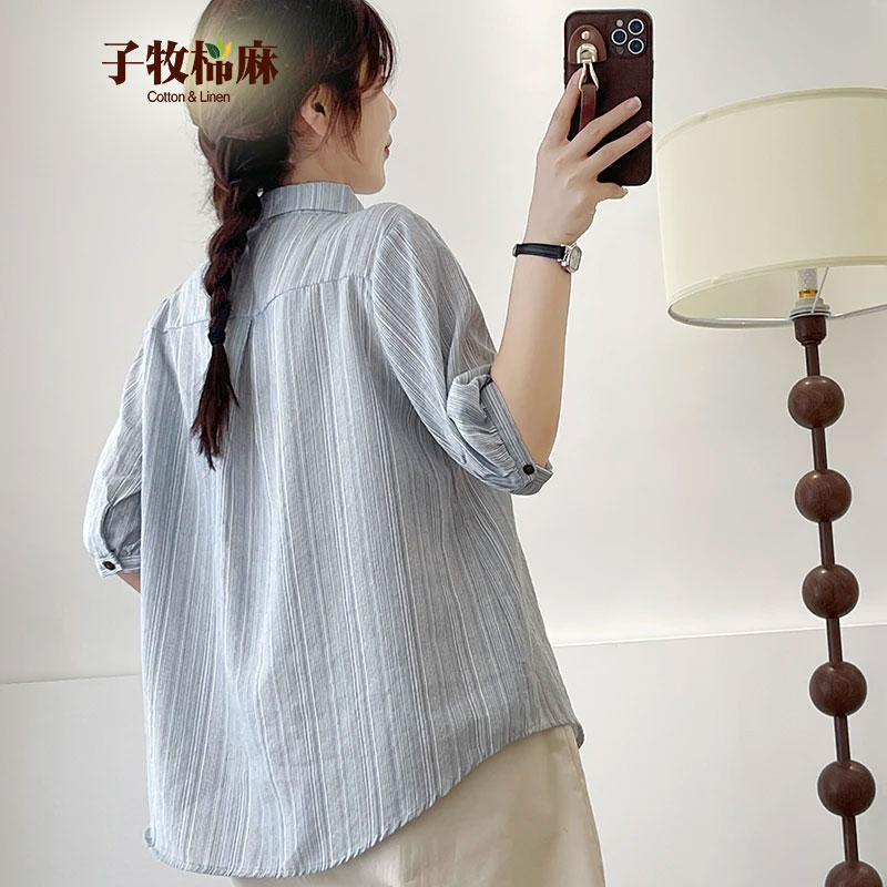 子牧棉麻2026春夏装 女设计感小众气质法式条纹衬衫女洋气小衫衬衣7388 蓝色 XL (建议125-135斤)