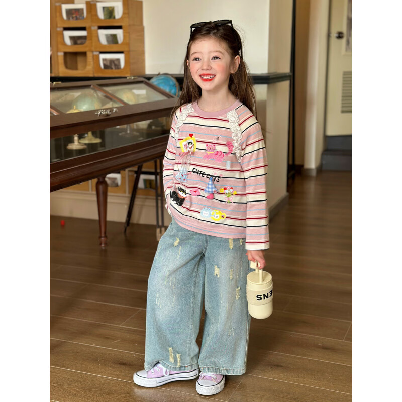 栀了成长记女童装宽松破洞牛仔裤2026春季儿童韩版百搭休闲直筒裤 蓝色 裤子 160 cm