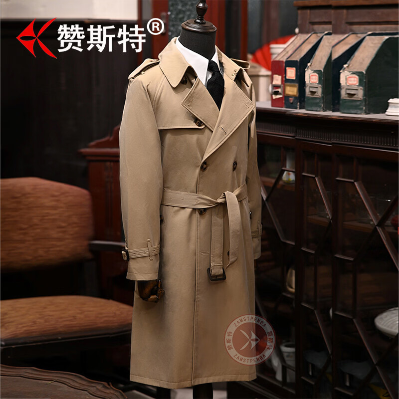 赞斯特品牌春秋季男士trench coat加长款战壕风衣商务休闲大衣 深卡其【长款】 5XL