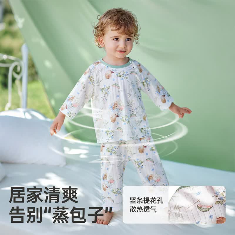 欧孕(OUYUN)儿童睡衣夏季2026新款薄款纯棉宝宝家居服套装男孩女童空调服 松鼠觅夏 100 cm