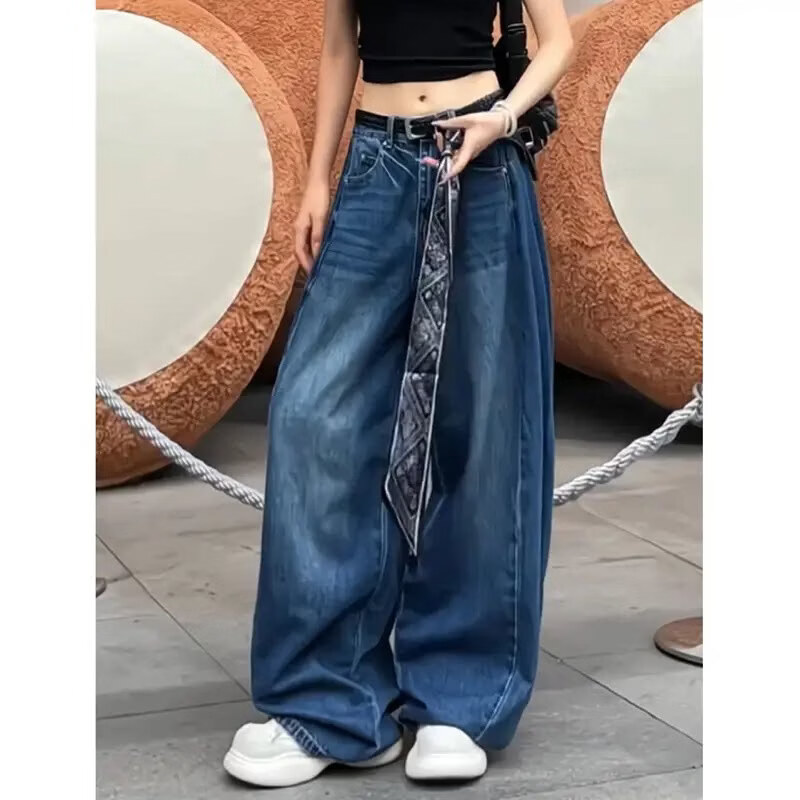 MODX高个子加长牛仔裤女2026新美式复古弯刀宽松显瘦直筒阔腿拖地裤子 蓝色 加长 M