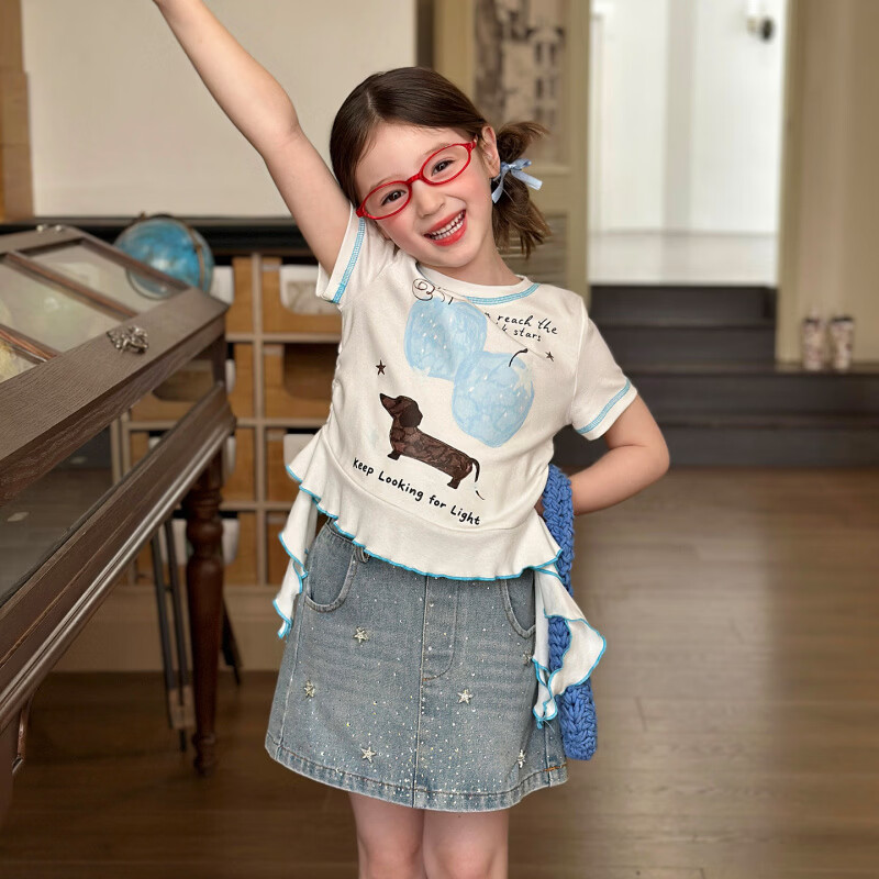 栀了成长记女童装韩版可爱短袖上衣2026春季儿童新款百搭圆领T恤 牛仔裙 120 cm