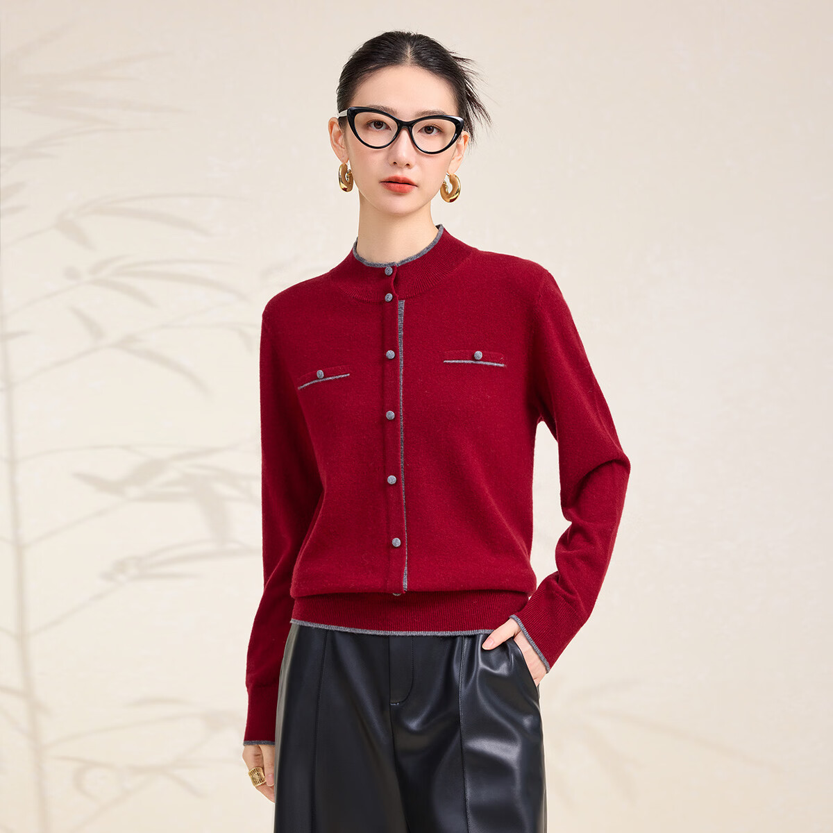 春竹100%绵羊毛春季新款半高领假两件洋气撞色毛衣休闲保暖女士羊毛衫 沐紫红 XL (110-120斤)