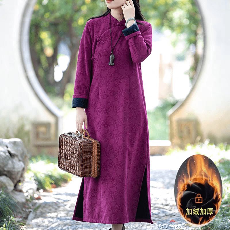 夏典素订女王（SE.PSTP）2026高品质新款高端轻奢大牌丝绒加厚提花棉麻旗袍冬季民族风覆古 紫红色(加绒) M 90-105斤