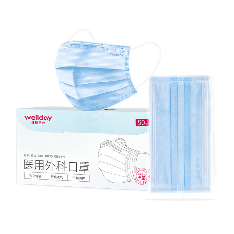 维德(WELLDAY)一次性医用外科口罩三层防病菌防花粉尘雾霾透气独立包装蓝白色 【外科灭菌】蓝色1盒50只