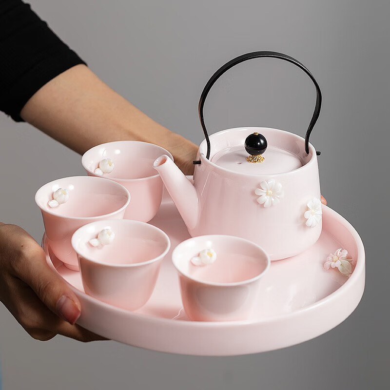一品仟堂粉色功夫茶具套裝小套陶瓷手工提梁壺干泡茶具茶盤(pán)茶杯 捏花提梁壺+玉蘭杯+干泡盤(pán) 1件