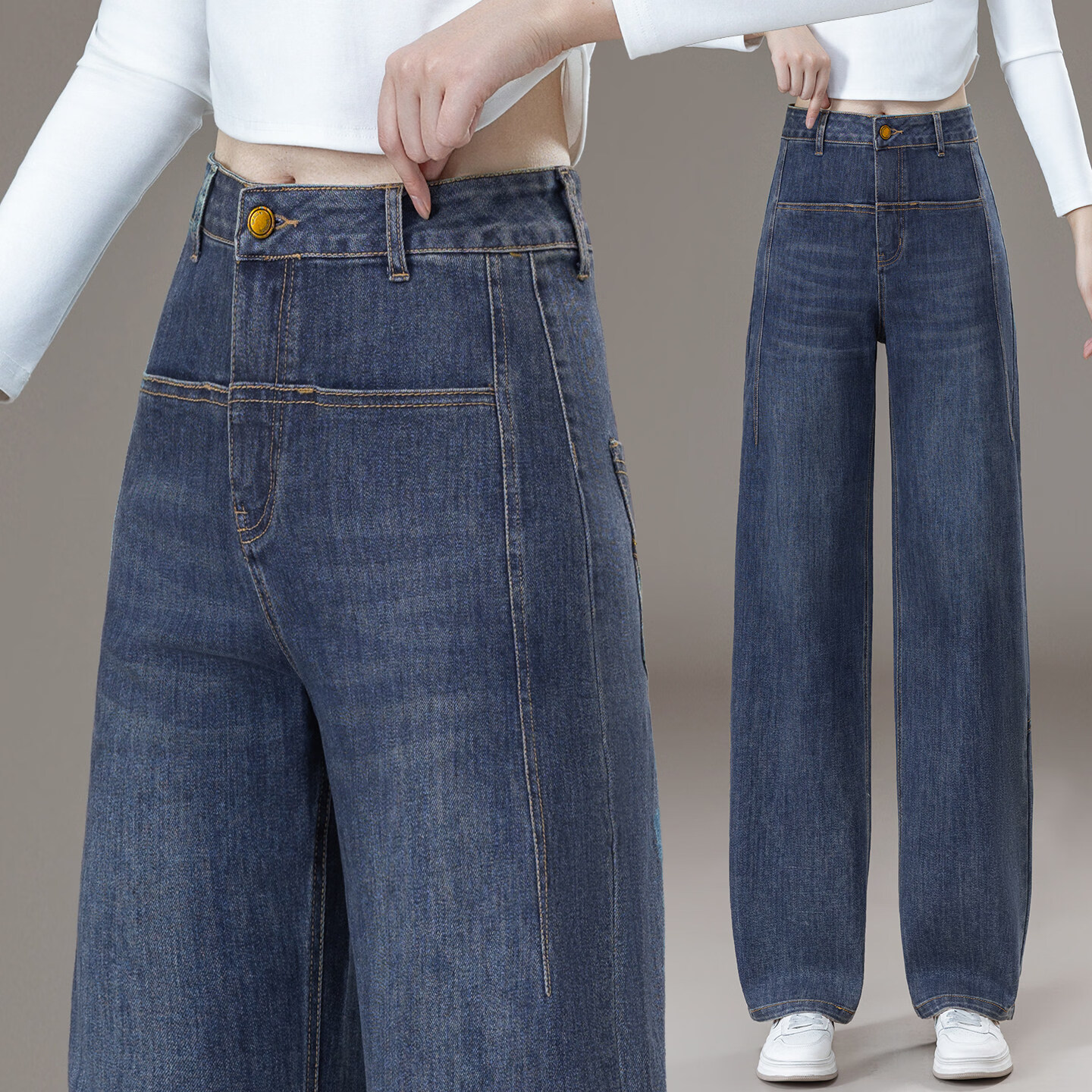 【热卖爆款】2026新款阔腿弯刀牛仔裤女高腰宽松遮肉显瘦直筒裤子 深蓝色-长裤 (身高158以上) 29 (建议115-125斤)