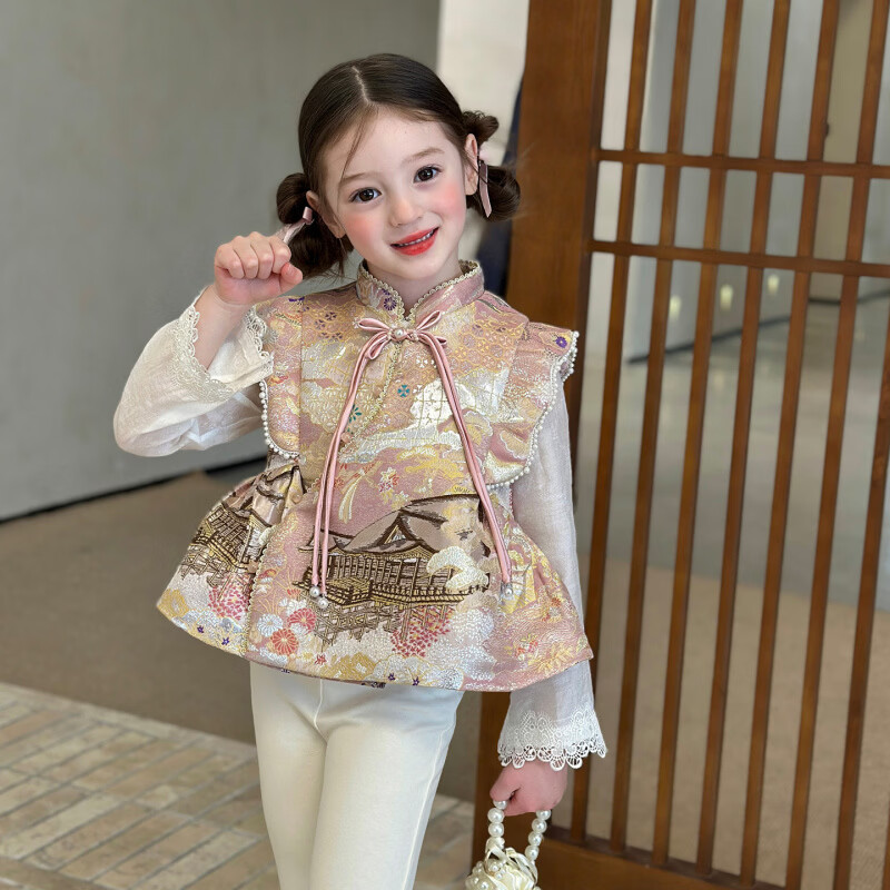 栀了成长记童装女童新中式重工马甲2026春季儿童新款国风立领上衣 粉色 马甲 140 cm
