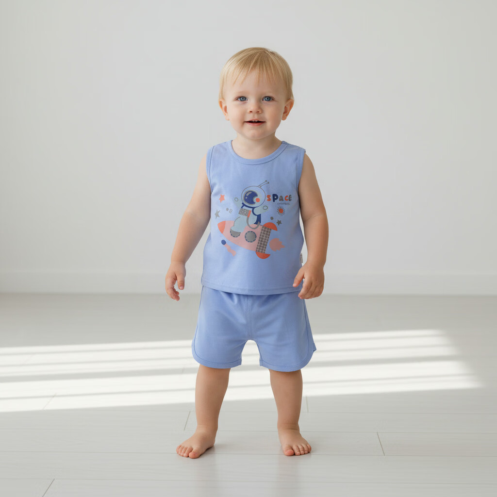 小猪大卫 PECODAVID小猪大卫儿童七分套夏季纯棉A类男女宝宝居家服薄款短袖短裤套装 火箭宇航员 背心套 90