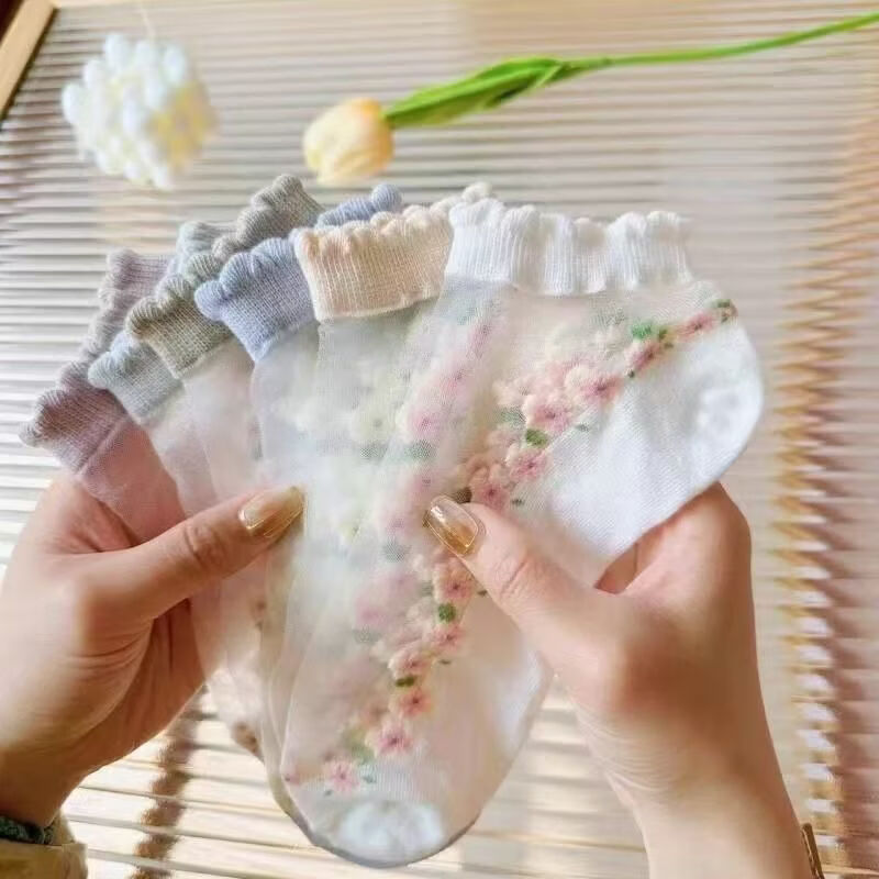 【到手十双】夏季薄款水晶袜子小菊花ins短袜女款防臭透气短袜WY 花朵卡丝袜【到手十双】