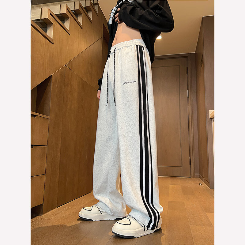 月伊纺春季新款宽松直筒休闲裤男士潮流百搭条纹卫裤青年织带拼接运动裤 花灰色 3XL